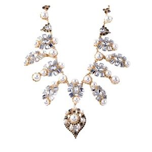 Statement Crystal & Pearl Drop Necklace – Gold Tone, Elegant Glam Design